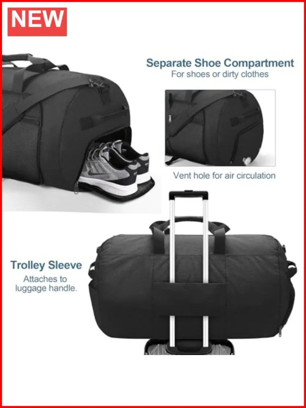 80L Extra Large Foldable Travel Duffle Bag with Shoe Compartment, Waterproof &